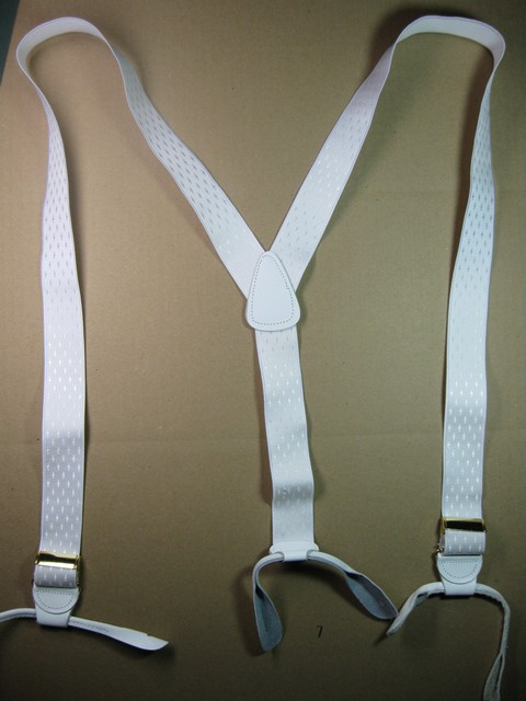 1 1/3" wide. "Y" Style. w/Ears -Diamond Design. w/ears Assorted SIZES to fit 5' 1" to 6' 2" Height. (42"-54" length) DELUXE, Silky, Tightly Woven Cotten/Polyester, hand washable-hang to dry Suspenders with with TWO Secure CHROME Adjusters and and THREE Genuine Leather Attachments. Entirely Stretchable Cotten/Polyester Material. DELUXE Suspenders with a Genuine Leather Patch Y-JB190ND-E2A